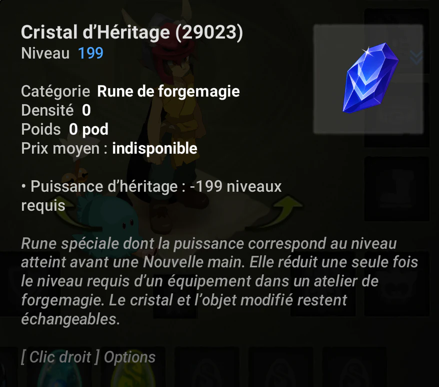 Infobulle du Cristal d’Héritage de puissance 199 qui retire 199 niveaux requis.