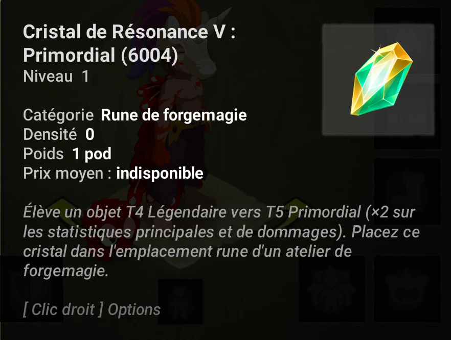 Infobulle du Cristal de Résonance Primordial qui élève un objet légendaire au cinquième palier.