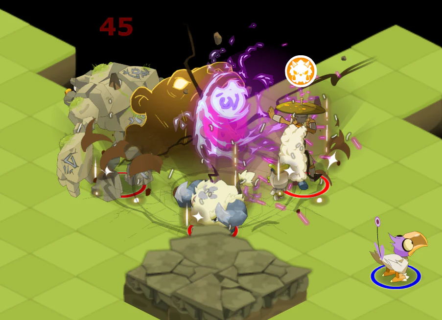 Combat Aléa montrant une animation violette de Dofus 3 au milieu de plusieurs monstres.