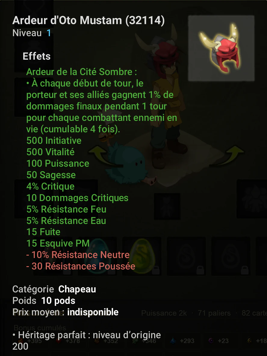 Infobulle de l’Ardeur d’Oto Mustam après application d’un Héritage parfait, équipable au niveau 1 malgré son niveau d’origine 200.