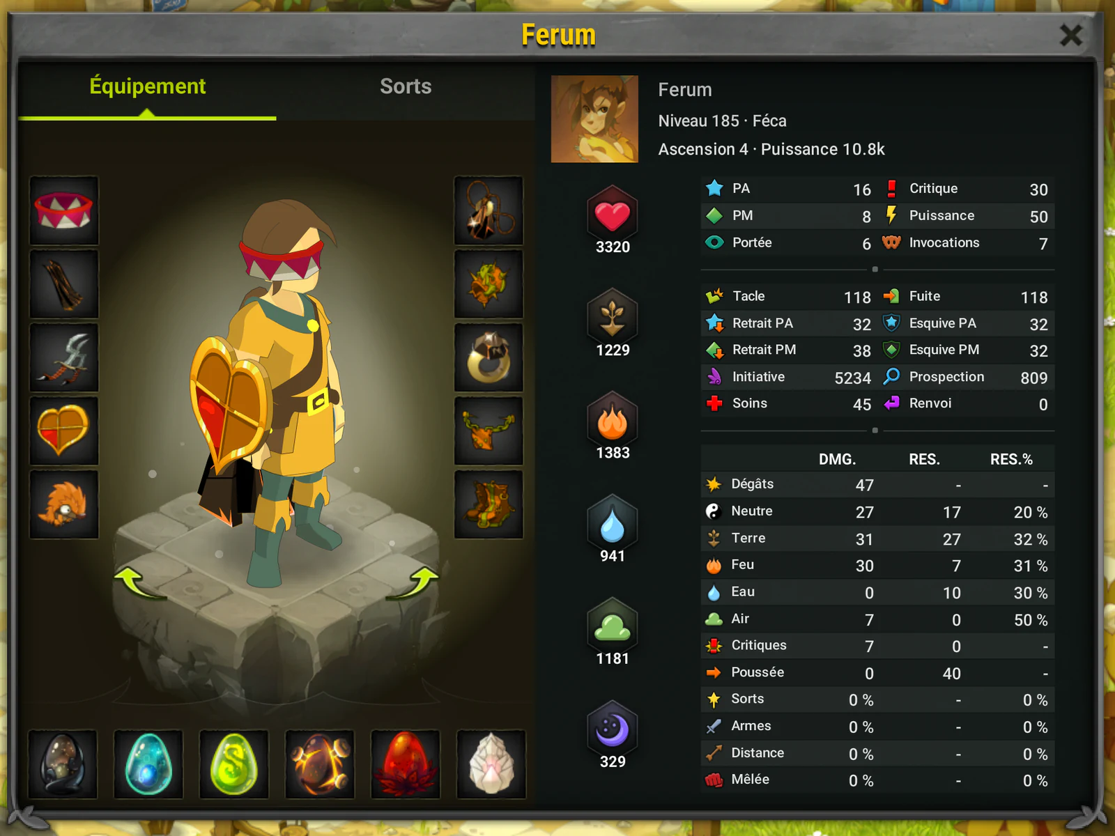 Inspection de Ferum affichant son équipement, ses Dofus et ses caractéristiques, avec un onglet pour ses sorts.