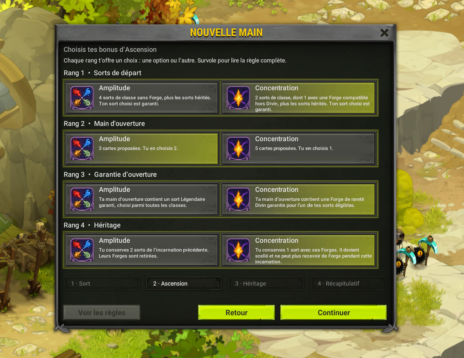 Écran Nouvelle Main présentant quatre choix de bonus d’Ascension.