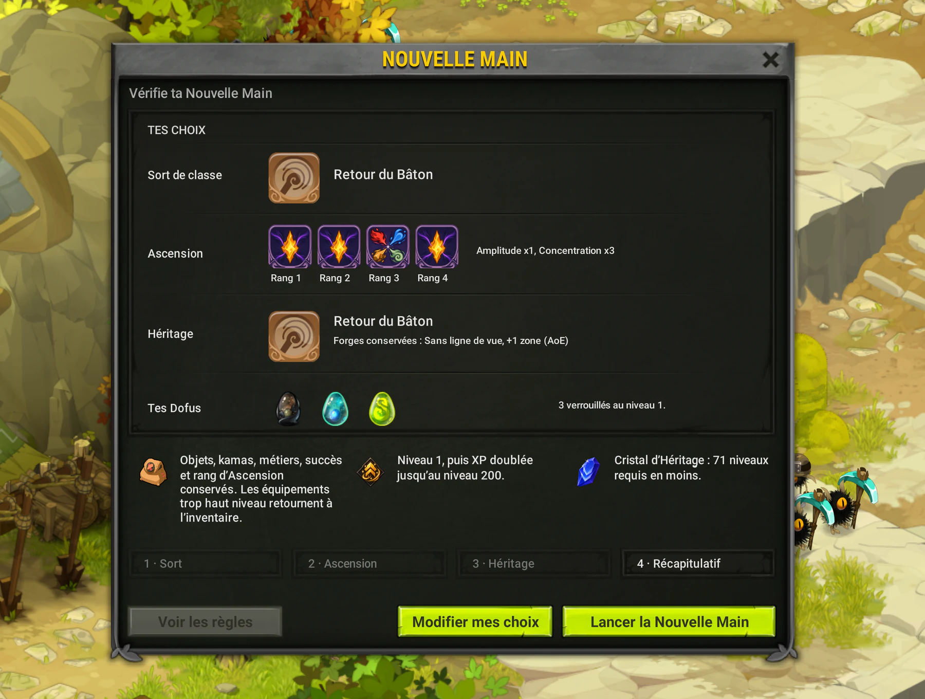 Écran récapitulatif de la Nouvelle Main avec sort choisi, Ascension, Héritage, Dofus, XP doublée et Cristal d’Héritage.