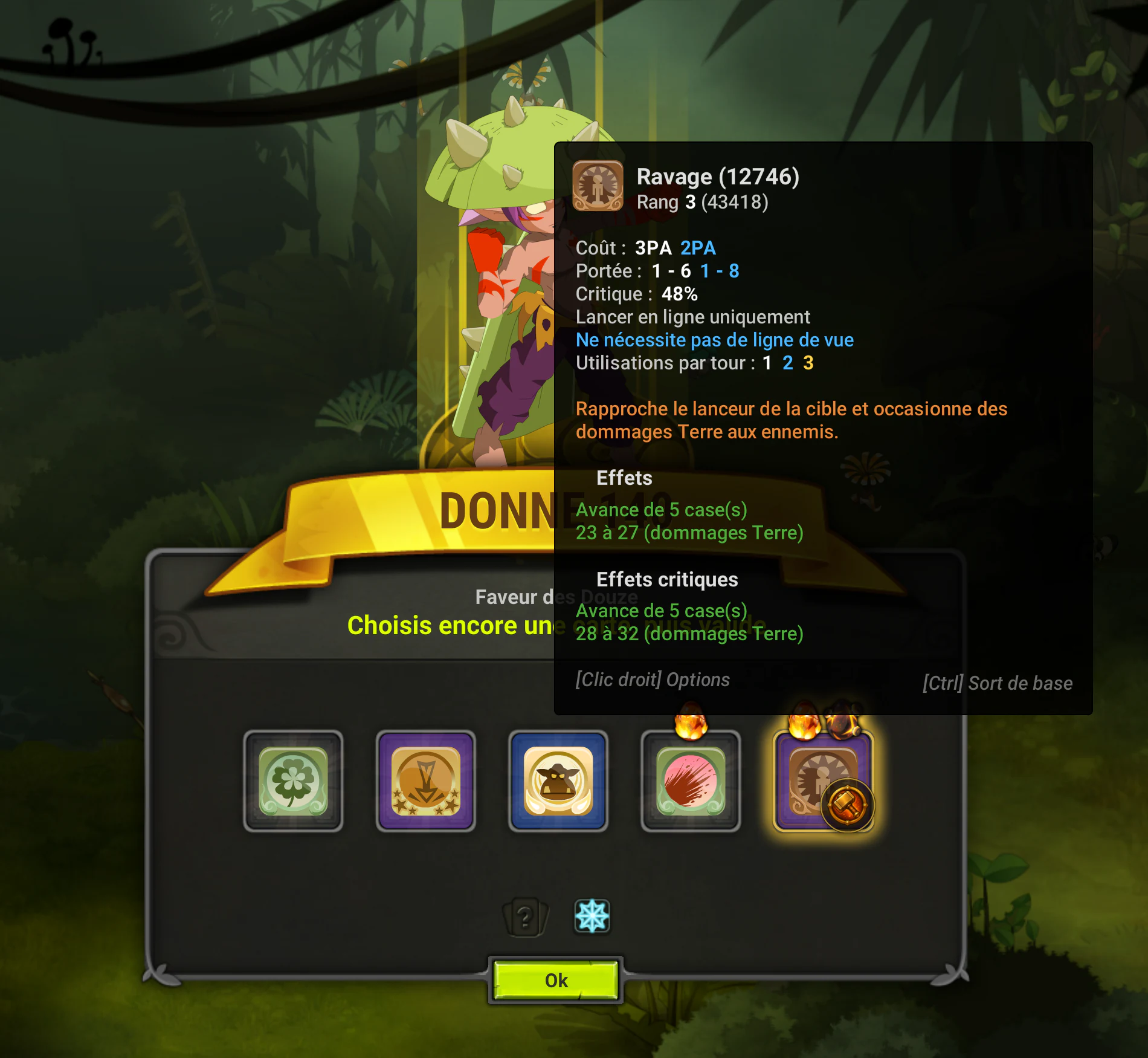Tooltip de Ravage montrant une Forge cumulant coût réduit, portée et absence de ligne de vue.